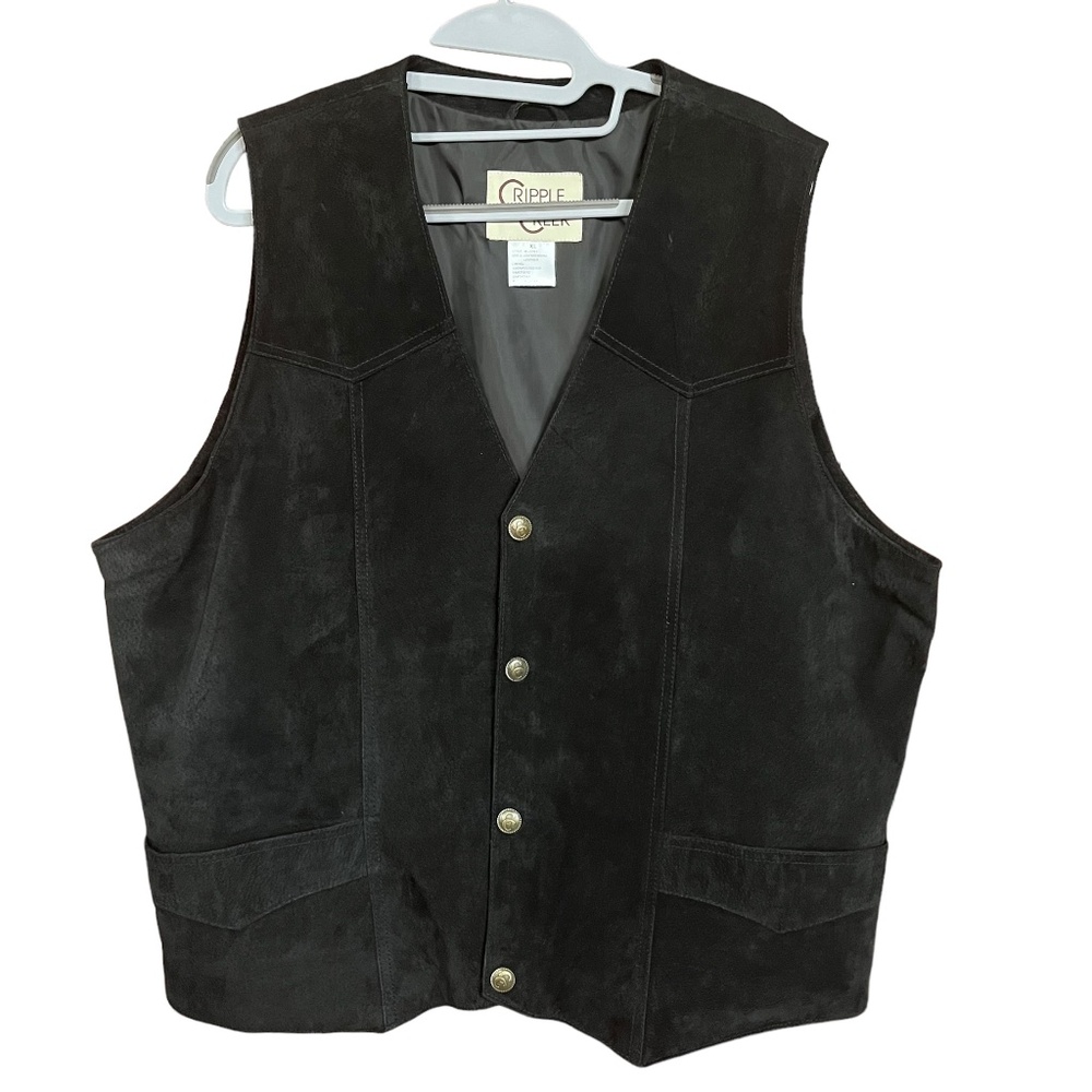 Cripple Creek Black Suede Leather Western Cowboy Snap Front Vest Size XL EUC